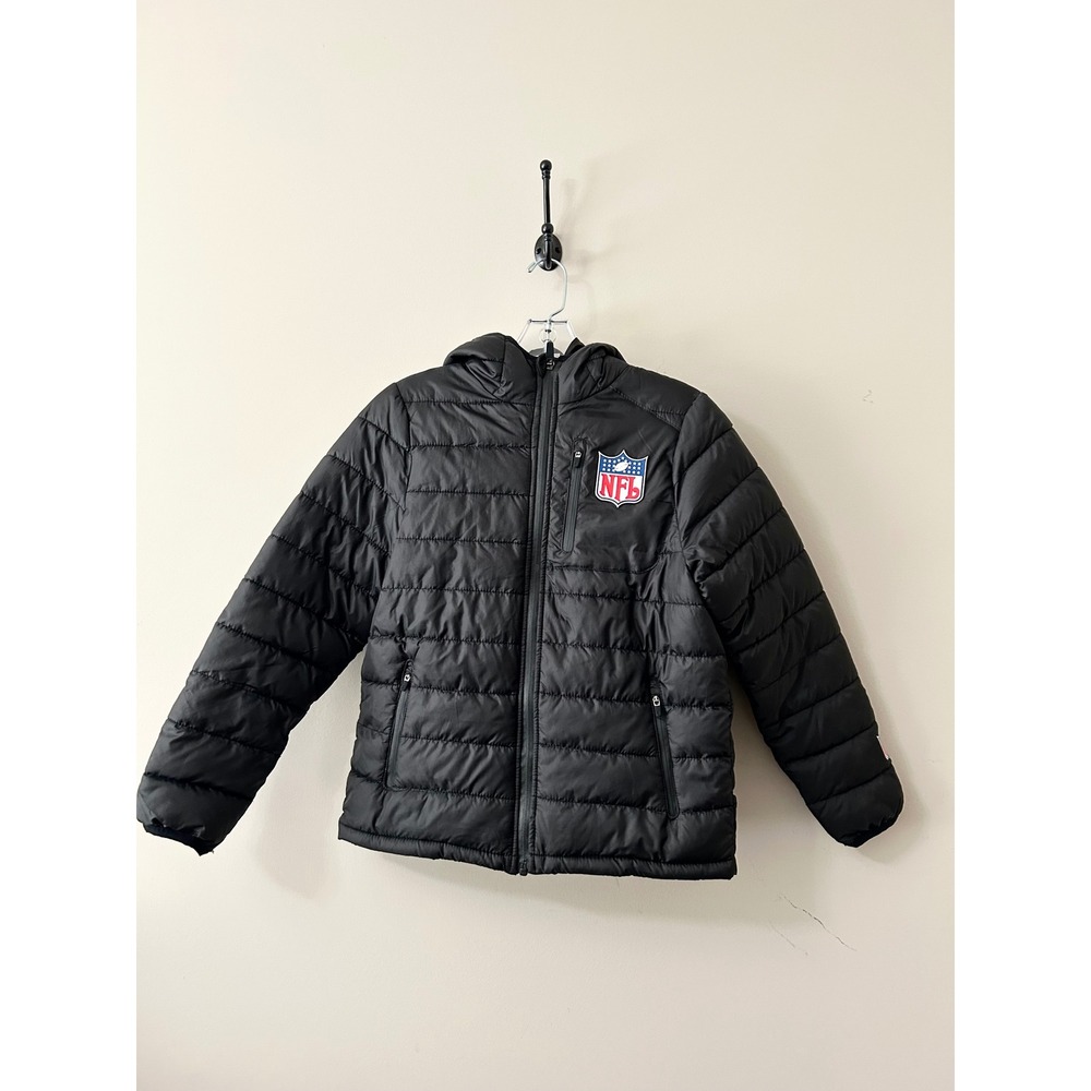 NFL Team Apparel Kids Puffer Jacket Black Hooded Quilted Coat Size 10-12